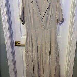 Tan Pleated Maxi Dress with Notched Collar